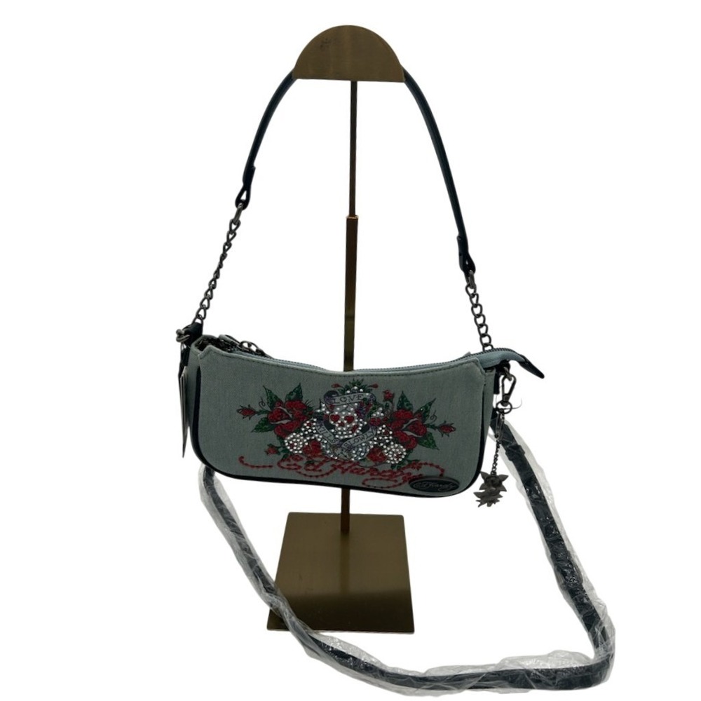 NEW Ed Hardy Shoulder Bag Women's Blue Denim Rhinestone Y2K Skull‎ Purse